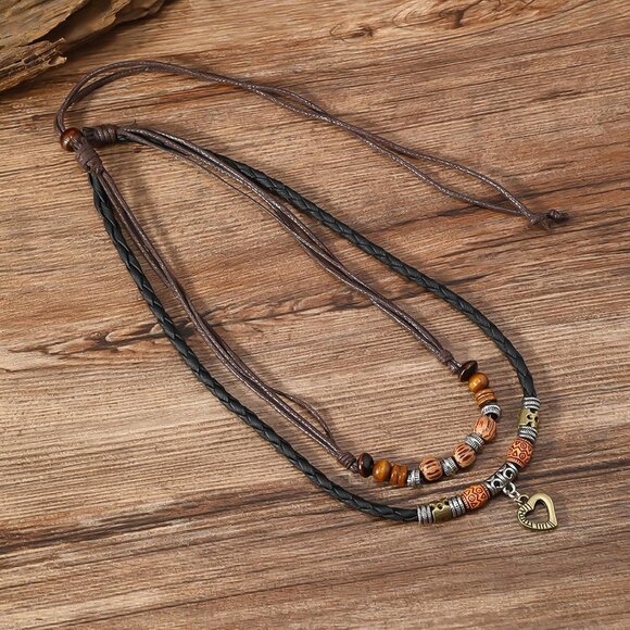 Western Layered Boho Wood Beads Choker Necklace Luck Copper Coins Heart Shaped F - Picture 3 of 7